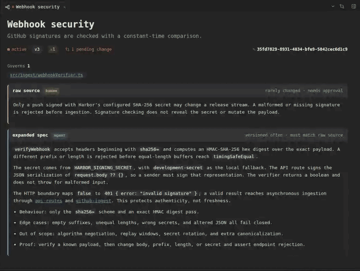 On the webhook-security spec, 1 pending change opens the word-level redline of the edit a live session made.