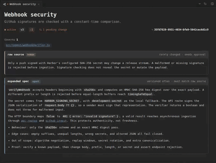 A sentence of the webhook-security spec is selected, right-clicked, and sent to a session with a message.